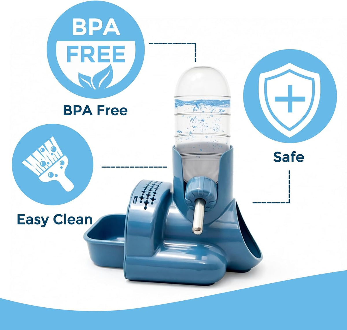 VANNON 3-in-1 Hamster Water Bottle with Food Bowl & Hideout Base, Blue