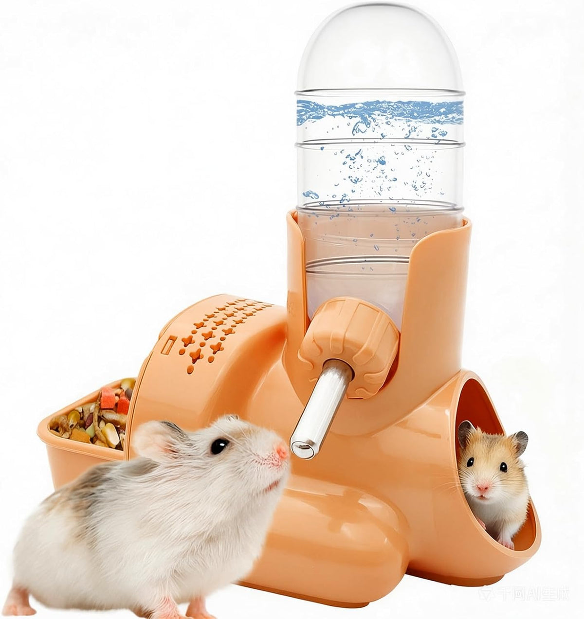 3-in-1 Hamster Water Bottle with Food Bowl & Hideout Base, Blue