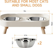 Elevated Cat Bowl, Raised Cat Food and Water Bowl Set for Indoor Cats, Splash Proof with 2 Stainless Steel Pet Food Bowls for Cats and Puppies, Whisker Fatigue and Dishwasher Safe - White