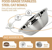 Elevated Cat Bowl, Raised Cat Food and Water Bowl Set for Indoor Cats, Splash Proof with 2 Stainless Steel Pet Food Bowls for Cats and Puppies, Whisker Fatigue and Dishwasher Safe - White