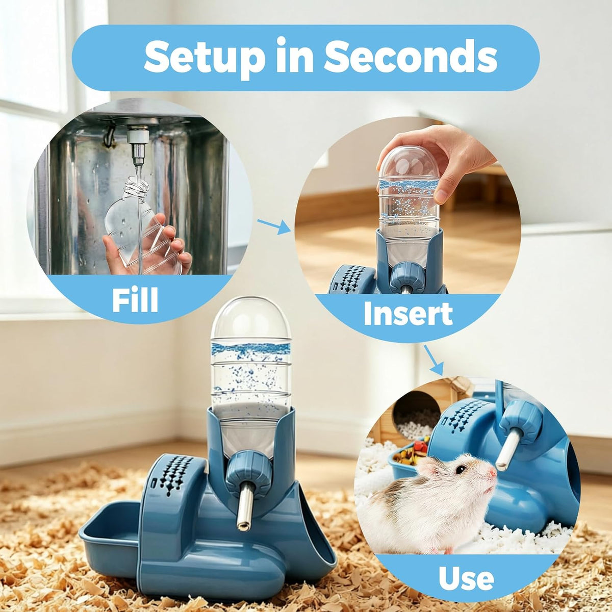 VANNON 3-in-1 Hamster Water Bottle with Food Bowl & Hideout Base, Blue