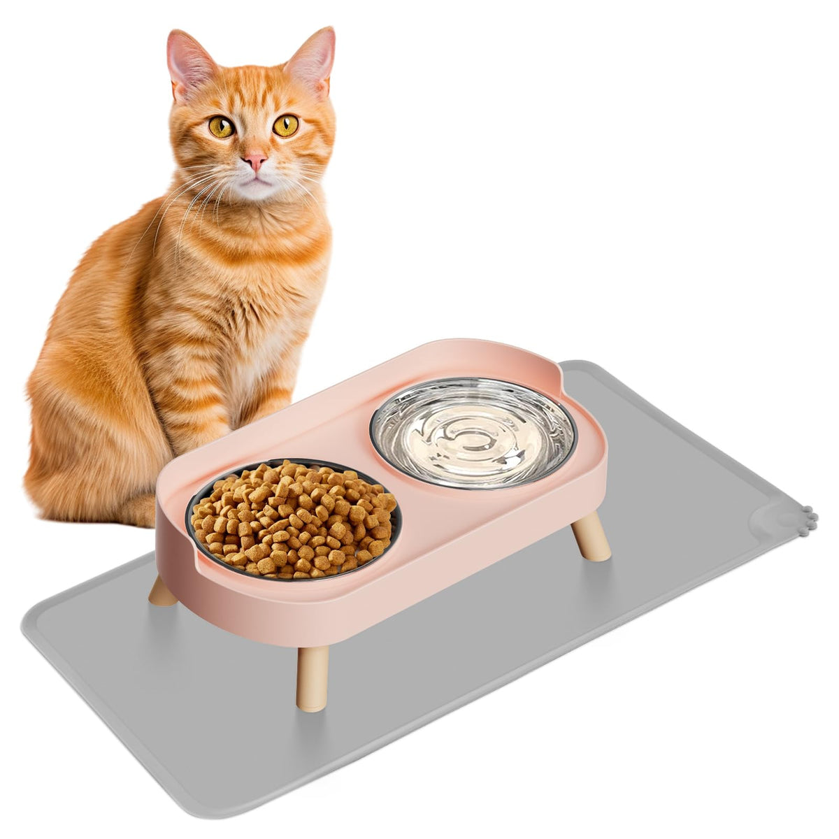 Elevated Cat Bowl, Raised Cat Food and Water Bowl Set for Indoor Cats, Splash Proof with 2 Stainless Steel Pet Food Bowls for Cats and Puppies, Whisker Fatigue and Dishwasher Safe - White