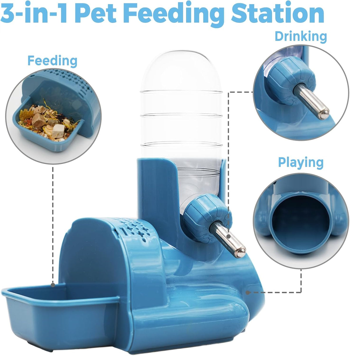 VANNON 3-in-1 Hamster Water Bottle with Food Bowl & Hideout Base, Blue