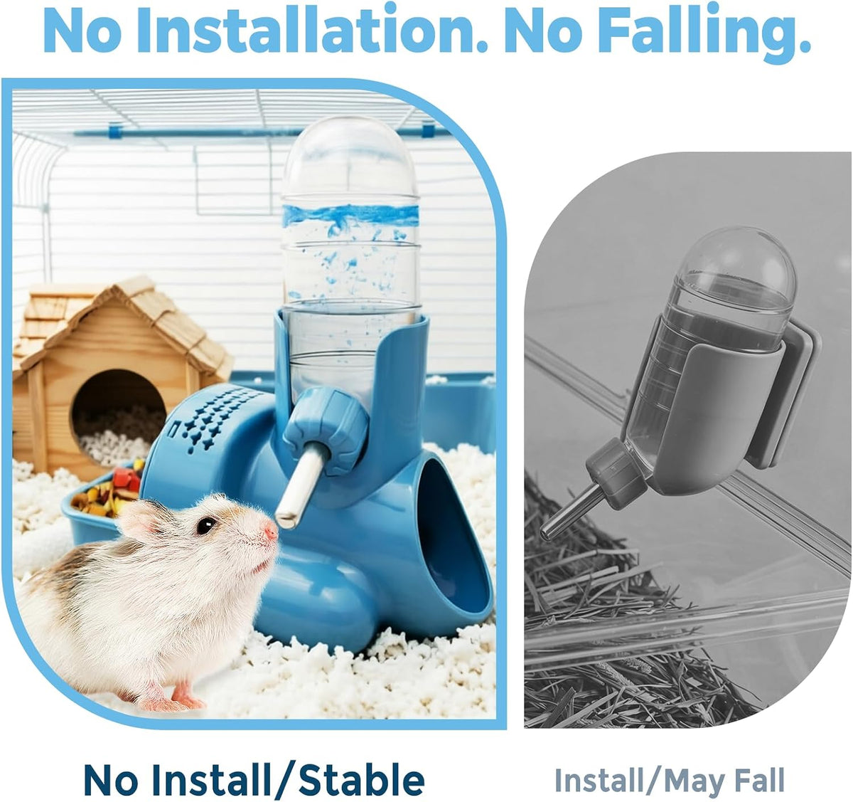 VANNON 3-in-1 Hamster Water Bottle with Food Bowl & Hideout Base, Blue