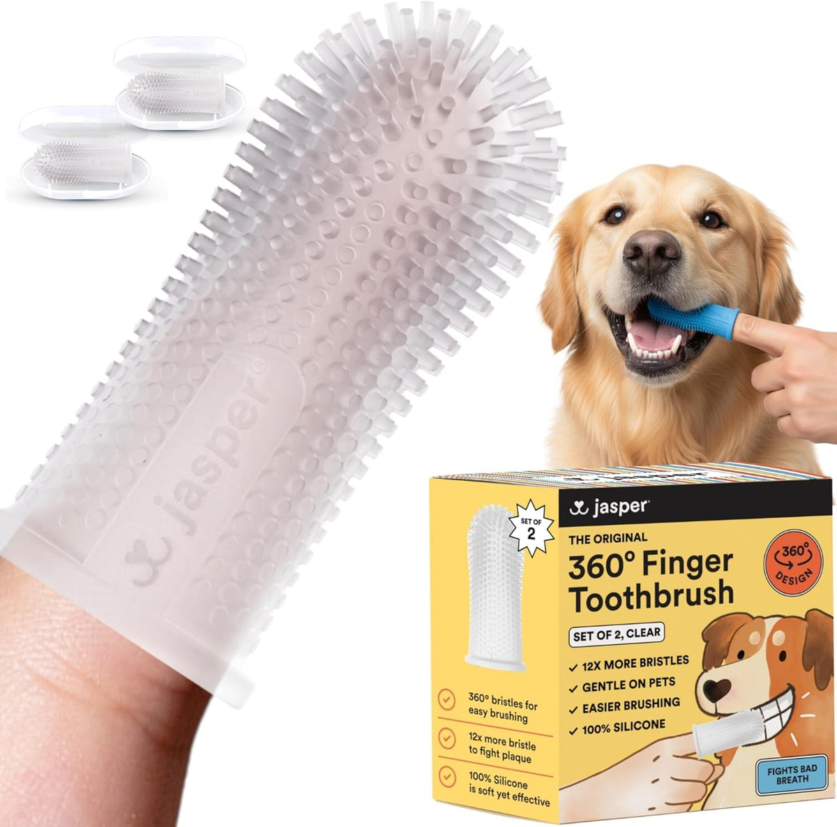 Jasper Dog Toothbrush, 360° Finger Toothbrush for Dogs & Cats, Blue 2-Pack