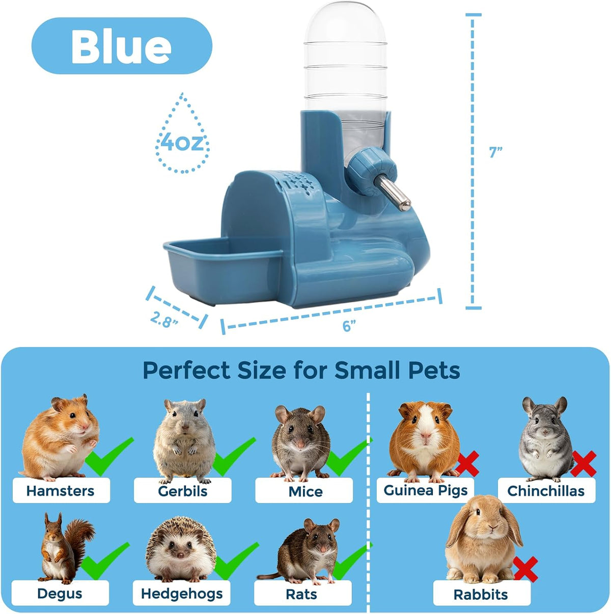 VANNON 3-in-1 Hamster Water Bottle with Food Bowl & Hideout Base, Blue