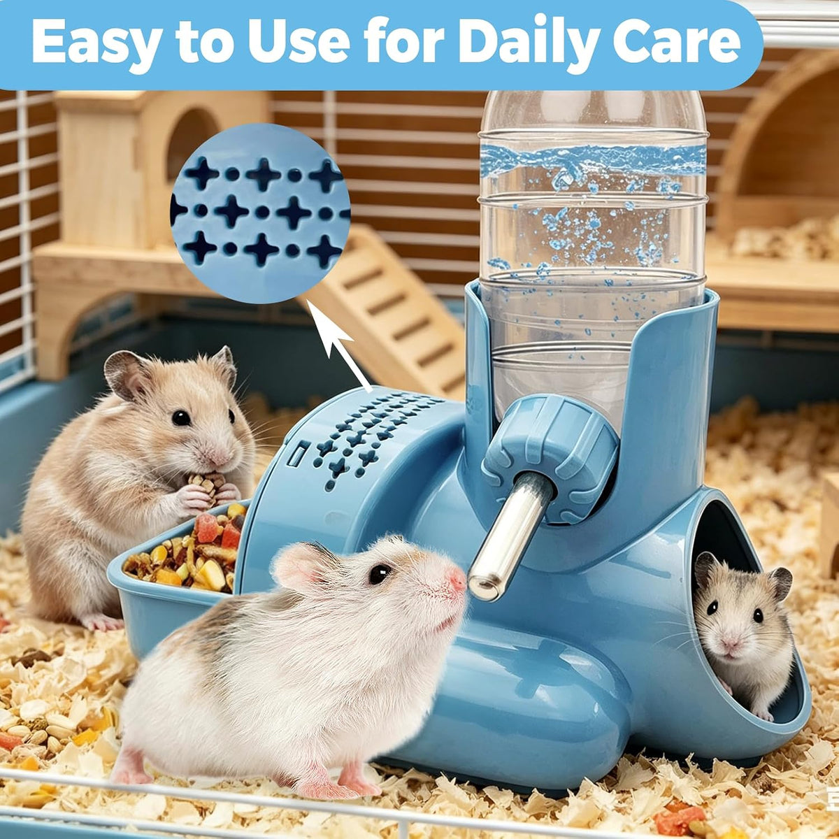 VANNON 3-in-1 Hamster Water Bottle with Food Bowl & Hideout Base, Blue