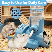 VANNON 3-in-1 Hamster Water Bottle with Food Bowl & Hideout Base, Blue