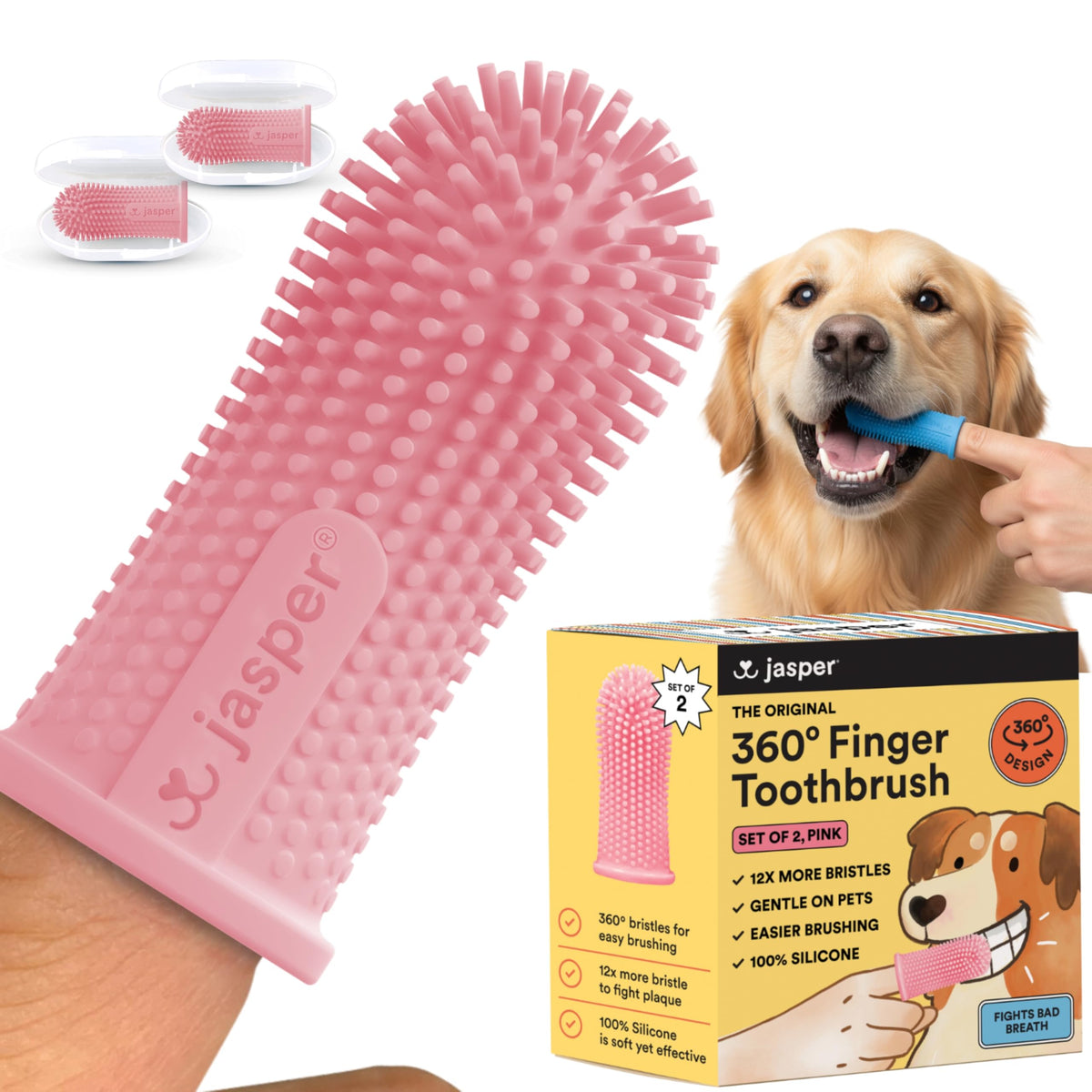 Jasper Dog Toothbrush, 360° Finger Toothbrush for Dogs & Cats, Blue 2-Pack
