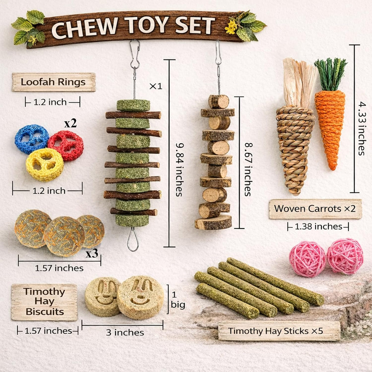 20 PCS Bunny Chew Toys for Teeth, Natural Rabbit Toys Apple Wood Grass Timothy Sticks Chew and Treat for Guinea Pigs Hamster Chinchillas