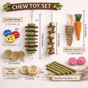 20 PCS Bunny Chew Toys for Teeth, Natural Rabbit Toys Apple Wood Grass Timothy Sticks Chew and Treat for Guinea Pigs Hamster Chinchillas