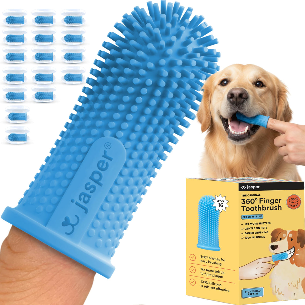 Jasper Dog Toothbrush, 360° Finger Toothbrush for Dogs & Cats, Blue 2-Pack
