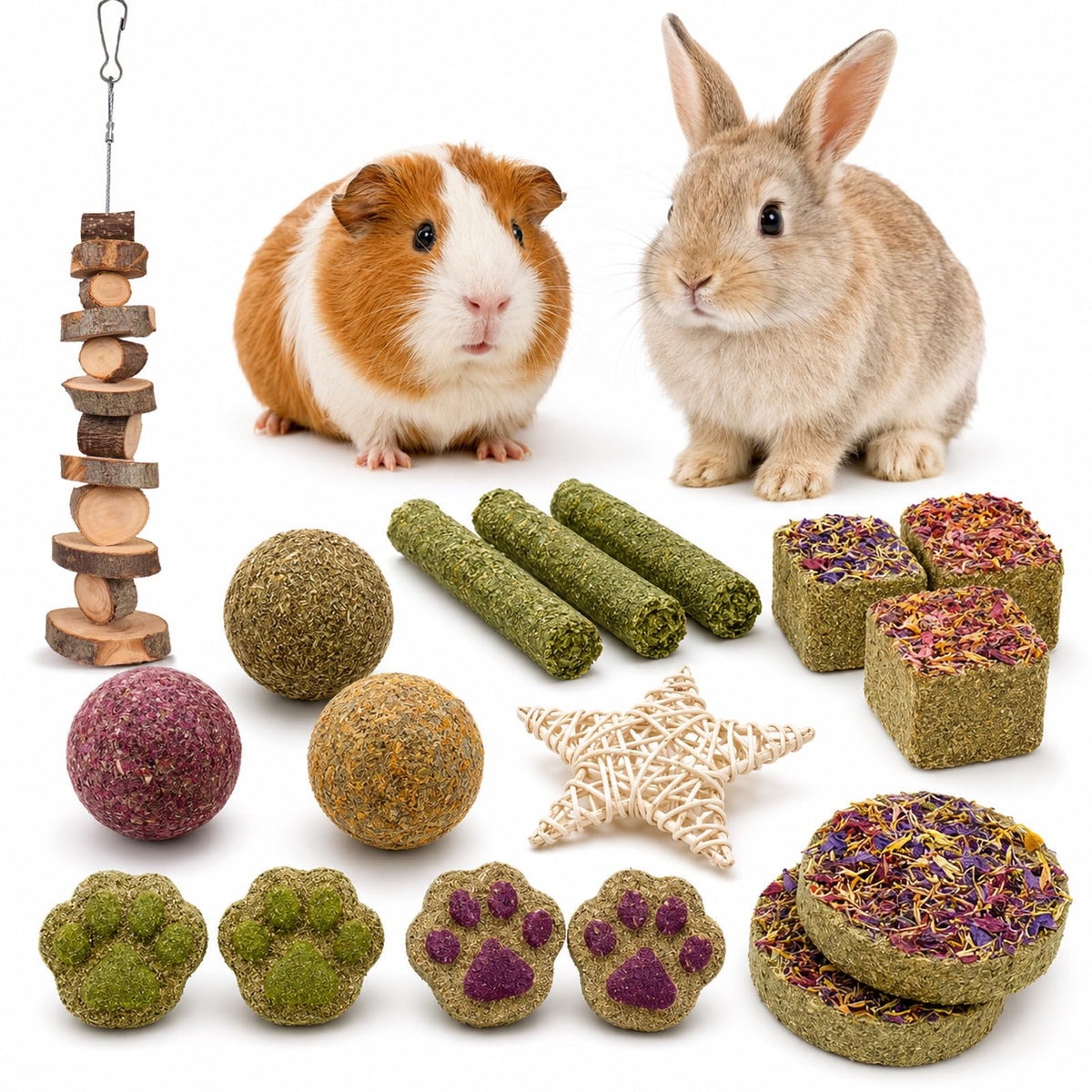 20 PCS Bunny Chew Toys for Teeth, Natural Rabbit Toys Apple Wood Grass Timothy Sticks Chew and Treat for Guinea Pigs Hamster Chinchillas