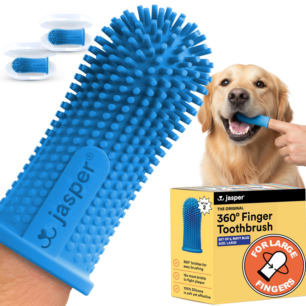 Jasper Dog Toothbrush, 360° Finger Toothbrush for Dogs & Cats, Blue 2-Pack