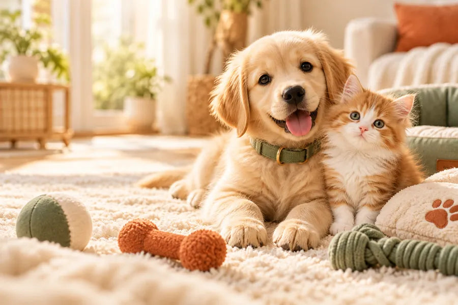 A happy puppy and kitten relaxing together